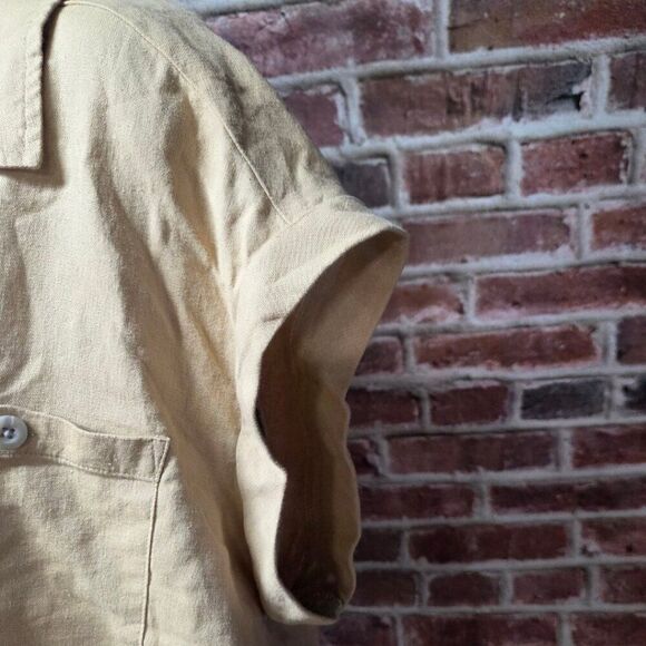 Isabel Maternity Linen Button-Up Shirt Large Taupe V Neck Short Sleeve Collared - Picture 4 of 6